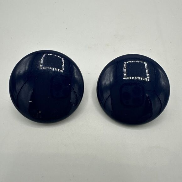 Vintage Metal Enamel 80s Stud Earrings Round Costume Jewelry Navy Blue Retro 1" - Picture 1 of 3